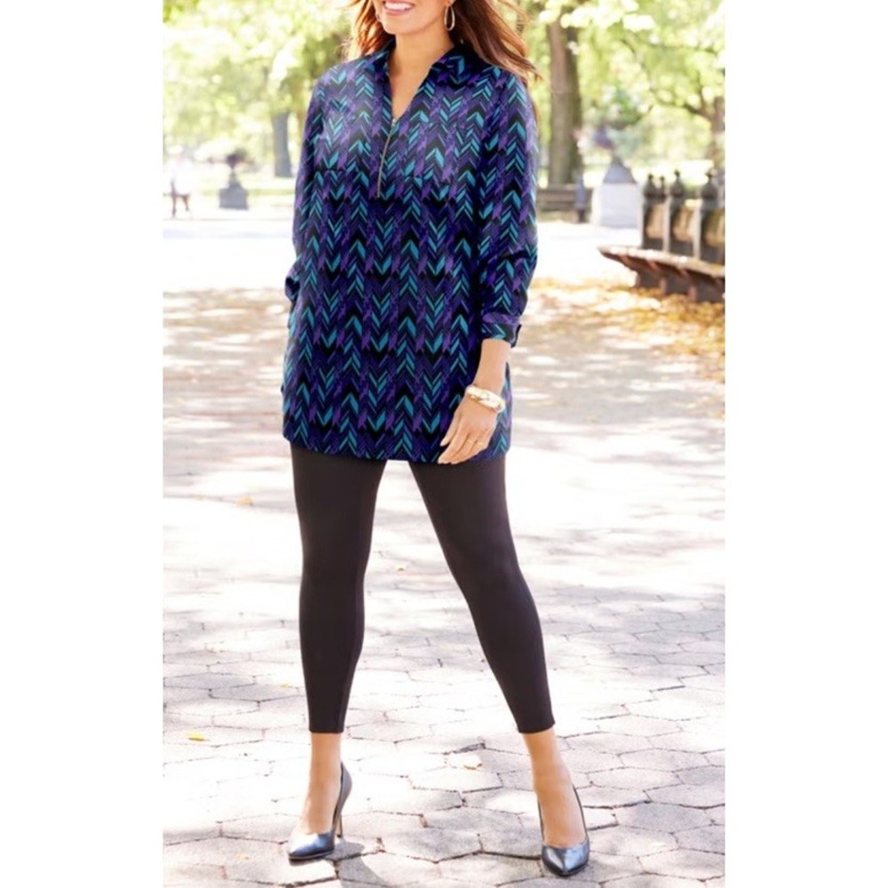 Catherines Tunic Blouse Womens 2X‎ Purple Teal Geometric Chevron Quarter Zip Top